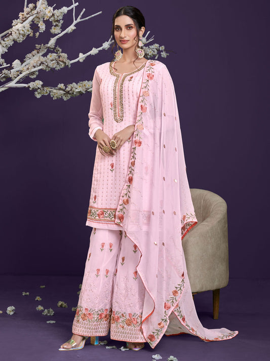 Pink Multi Embroidered Designer Palazzo Suit