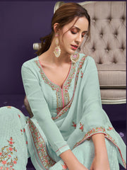 Sea Blue Multi Embroidered Designer Palazzo Suit