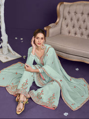 Sea Blue Multi Embroidered Designer Palazzo Suit