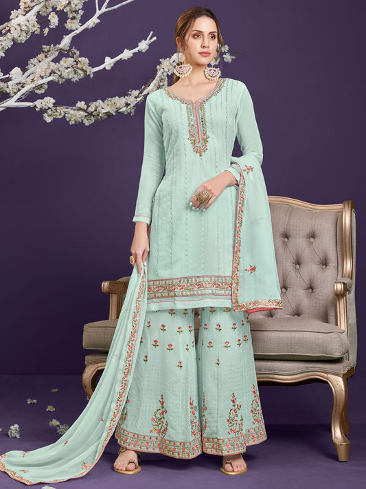 Sea Blue Multi Embroidered Designer Palazzo Suit