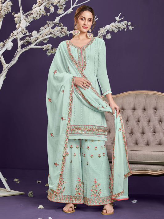 Sea Blue Multi Embroidered Designer Palazzo Suit