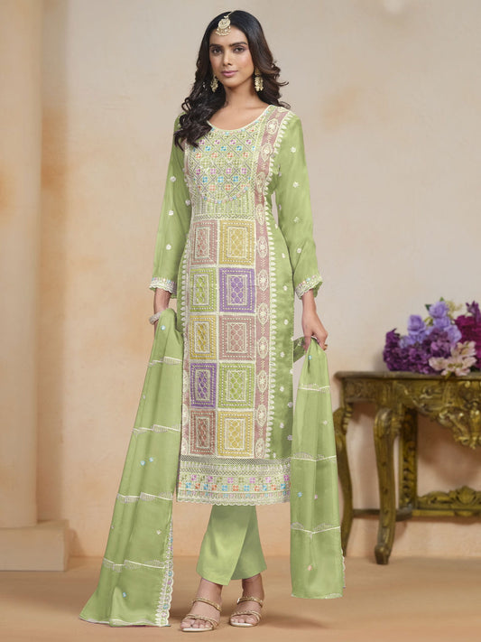 Radiant Green Color Organza Fabric Salwar Suit