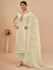 Off White Multi Embroidered Pakistani Pant Style Suit