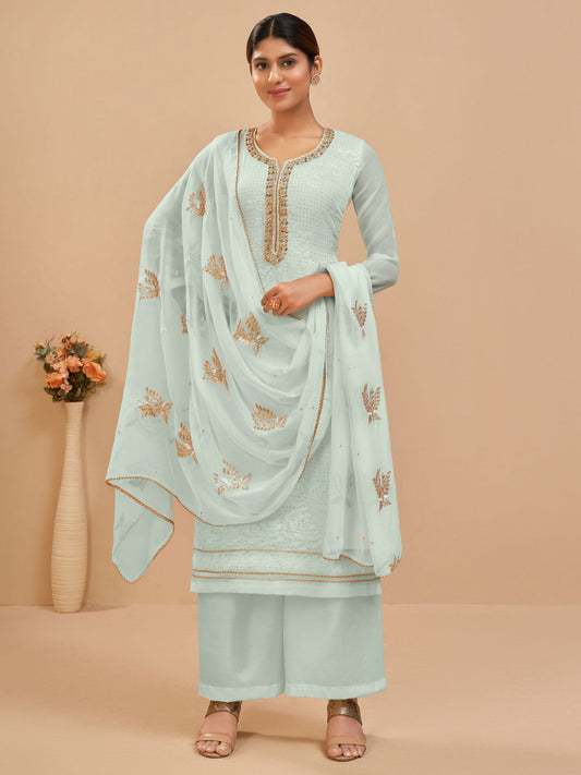 Blue Multi Embroidered Pakistani Palazzo Style Suit