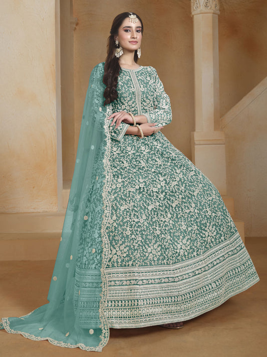 Turquoise Embroidery Festive Anarkali Suit