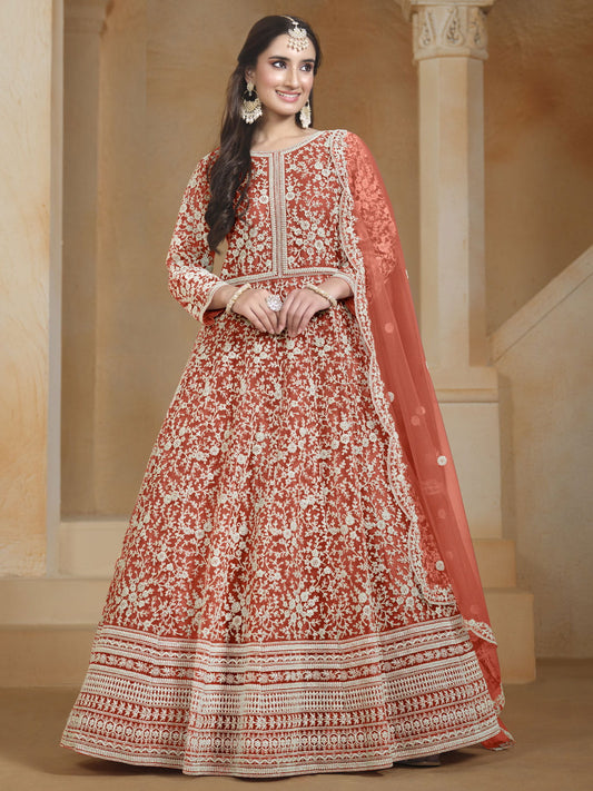 Orange Embroidery Festive Anarkali Suit