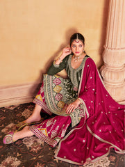 Olive Green And Pink Multi Embroidery Anarkali Palazzo Suit