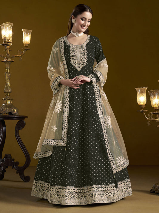 Black Chanderi Butti Embroidered Festive Anarkali Suit