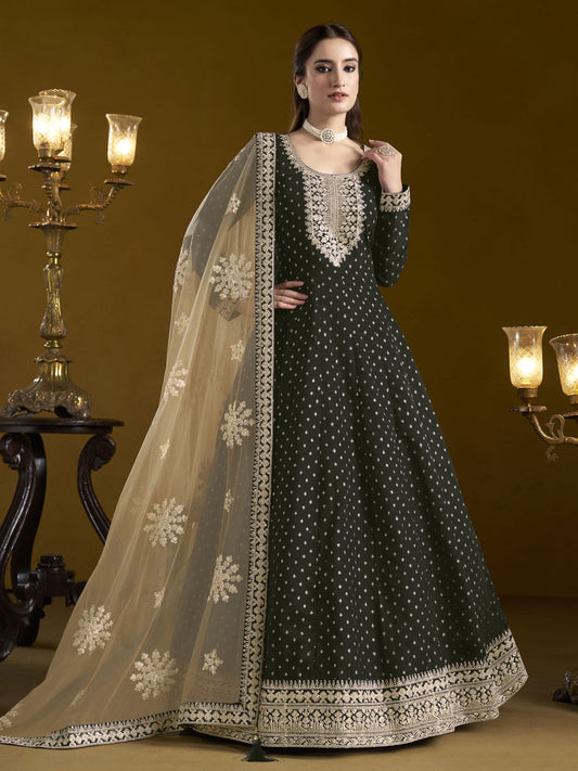 Black Chanderi Butti Embroidered Festive Anarkali Suit