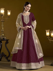 Wine Chanderi Butti Embroidered Festive Anarkali Suit