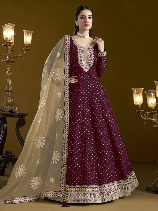 Wine Chanderi Butti Embroidered Festive Anarkali Suit