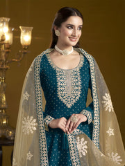 Peacock Blue Embroidered Silk Anarkali Suit