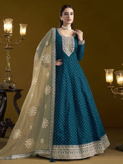 Peacock Blue Embroidered Silk Anarkali Suit