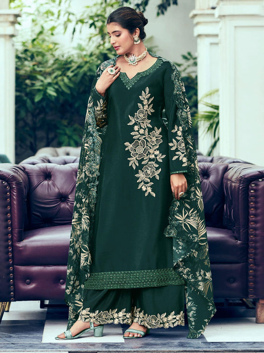 Embroidered Chinon Silk Pakistani Suit in Dark Green