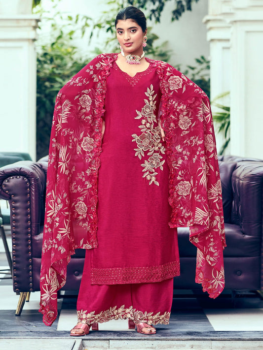 Embroidered Chinon Silk Pakistani Suit in Fuchsia