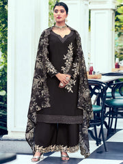 Embroidered Chinon Silk Pakistani Suit in Black