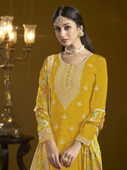 Classic Yellow Color Function Style Sharara Suit In Chinon Fabri