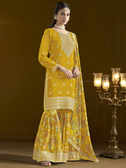 Classic Yellow Color Function Style Sharara Suit In Chinon Fabri