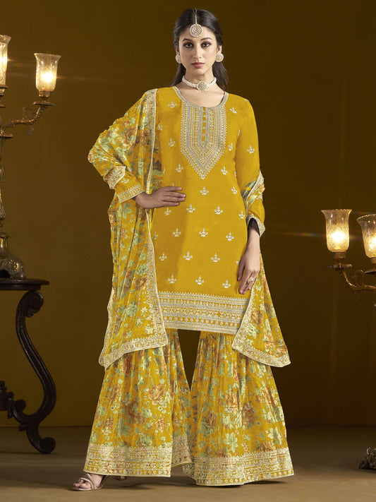 Classic Yellow Color Function Style Sharara Suit In Chinon Fabri