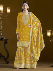 Classic Yellow Color Function Style Sharara Suit In Chinon Fabri