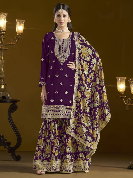 Chinon Fabric Purple Color Function Wear Trendy Sharara Suit