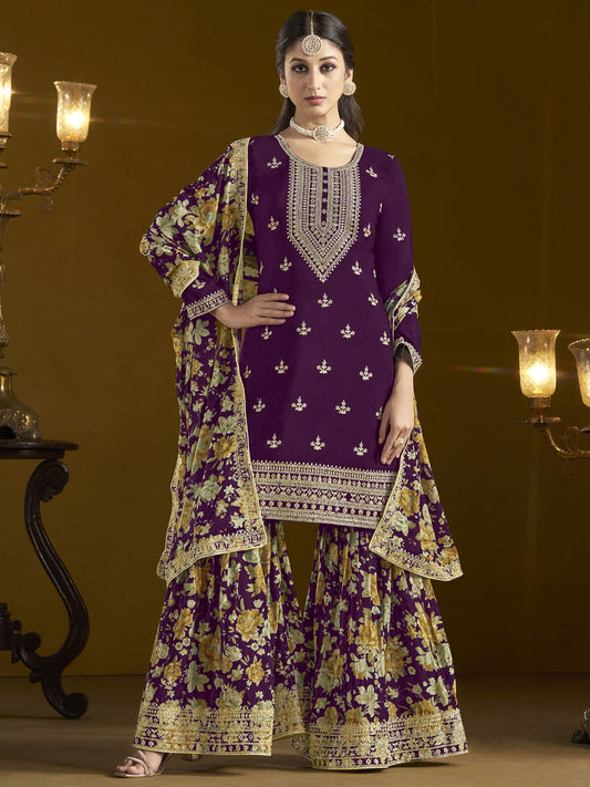 Chinon Fabric Purple Color Function Wear Trendy Sharara Suit