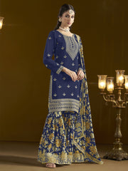 Creative Function Wear Chinon Fabric Sharara Suit In Blue Color