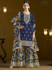 Creative Function Wear Chinon Fabric Sharara Suit In Blue Color