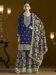 Creative Function Wear Chinon Fabric Sharara Suit In Blue Color