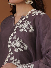 Mauve Notched Neck Thread Work A-Line Kurta with Trousers & With Dupatta