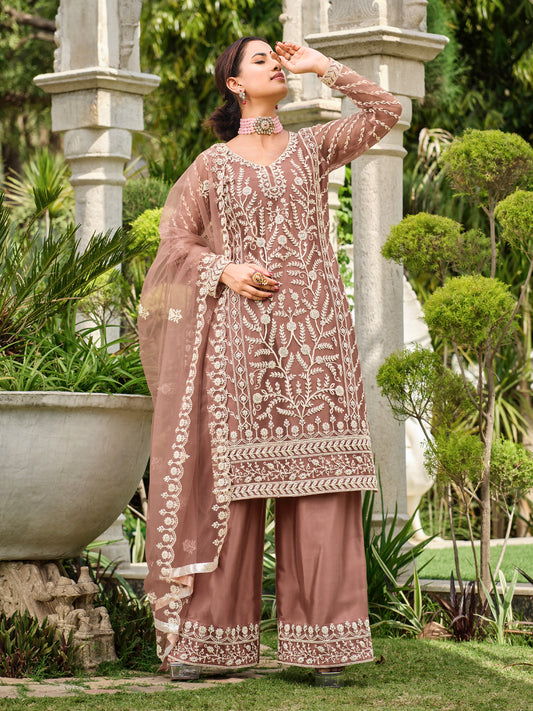 Pale Brown Thread Embroidery Festive Palazzo Suit