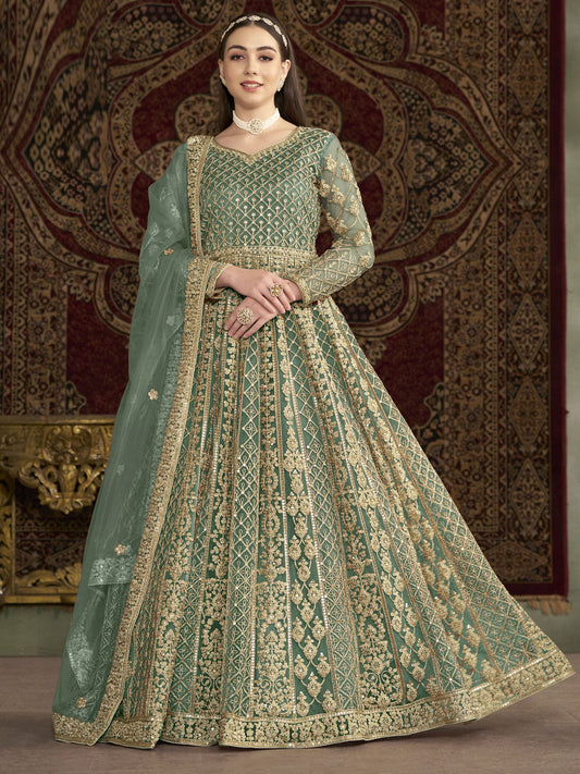 Sea Green Traditional Embroidery Wedding Anarkali Suit