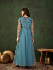 Floral Thread and Sequined Embroidered A-Line Ethnic Dress