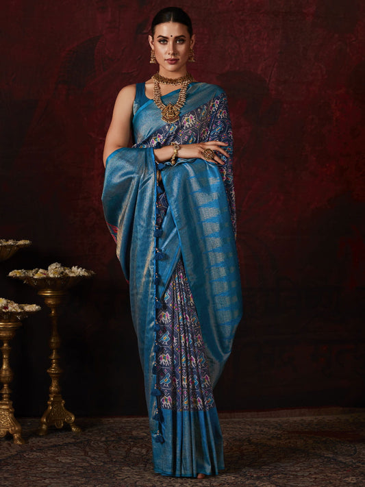 Blue Patola Printed Silk Wedding Wear Saree With Blouse