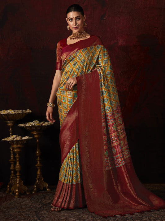 Mustard Yellow Digital Printed Silk Festival Wear Saree