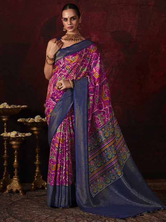 Rani Pink Patola Printed Silk Function Wear Saree With Blouse