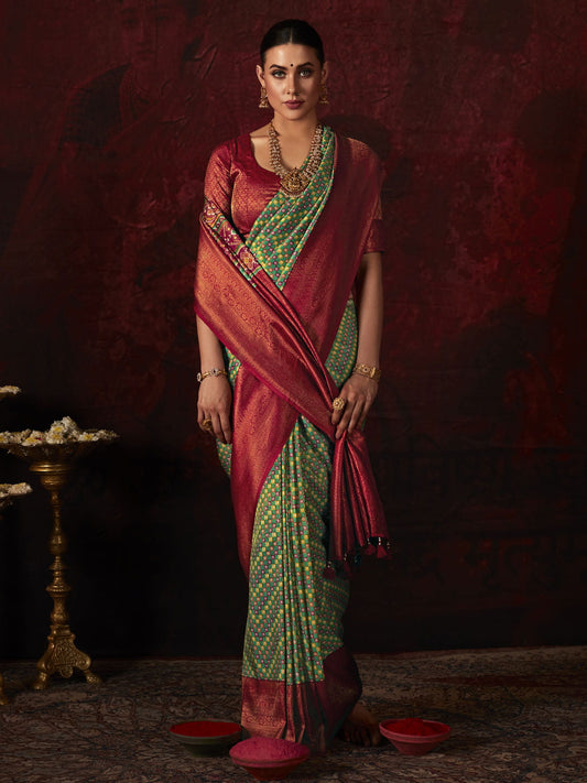 Green Digital Printed Silk Event Wear Saree With Blouse