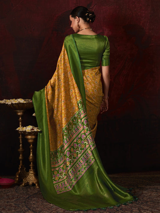 Green And Mustard Silk Digital Print Traditional Saree