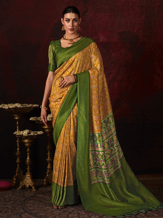 Green And Mustard Silk Digital Print Traditional Saree