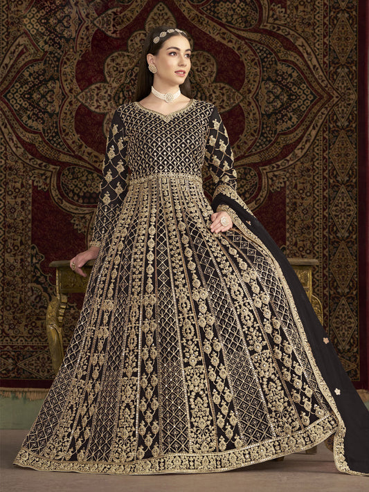 Black All Over Embroidered Net Wedding Anarkali Gown