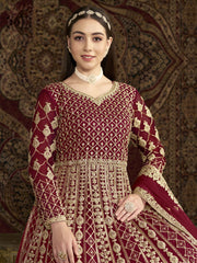 Maroon All Over Embroidered Net Wedding Anarkali Gown