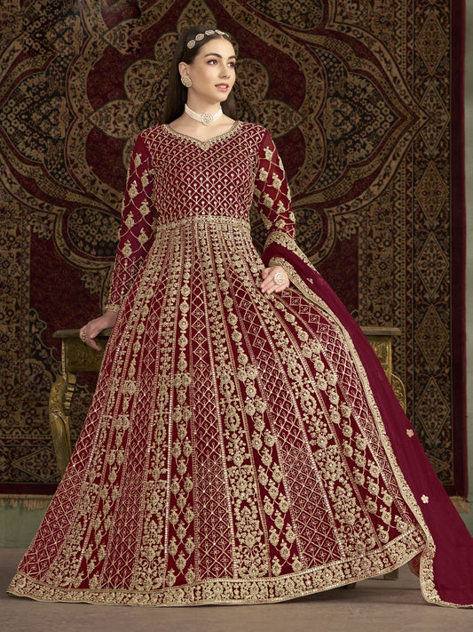 Maroon All Over Embroidered Net Wedding Anarkali Gown