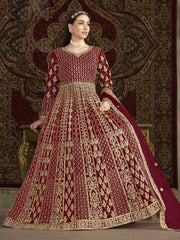 Maroon All Over Embroidered Net Wedding Anarkali Gown