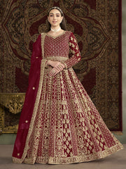 Maroon All Over Embroidered Net Wedding Anarkali Gown