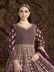 Purple All Over Embroidered Net Wedding Anarkali Gown