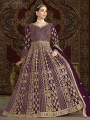 Purple All Over Embroidered Net Wedding Anarkali Gown