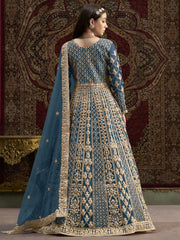 Teal Blue All Over Embroidered Net Wedding Anarkali Gown