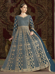 Teal Blue All Over Embroidered Net Wedding Anarkali Gown