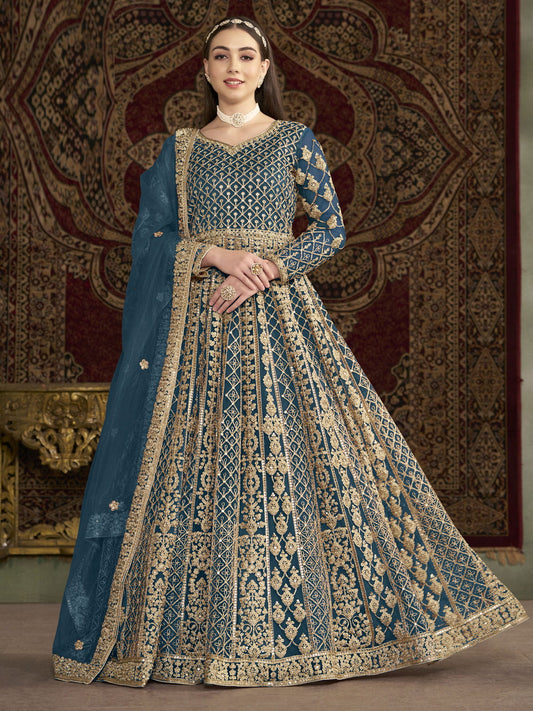 Teal Blue All Over Embroidered Net Wedding Anarkali Gown