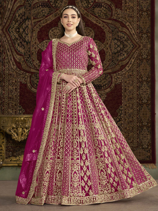 Pink All Over Embroidered Net Wedding Anarkali Gown